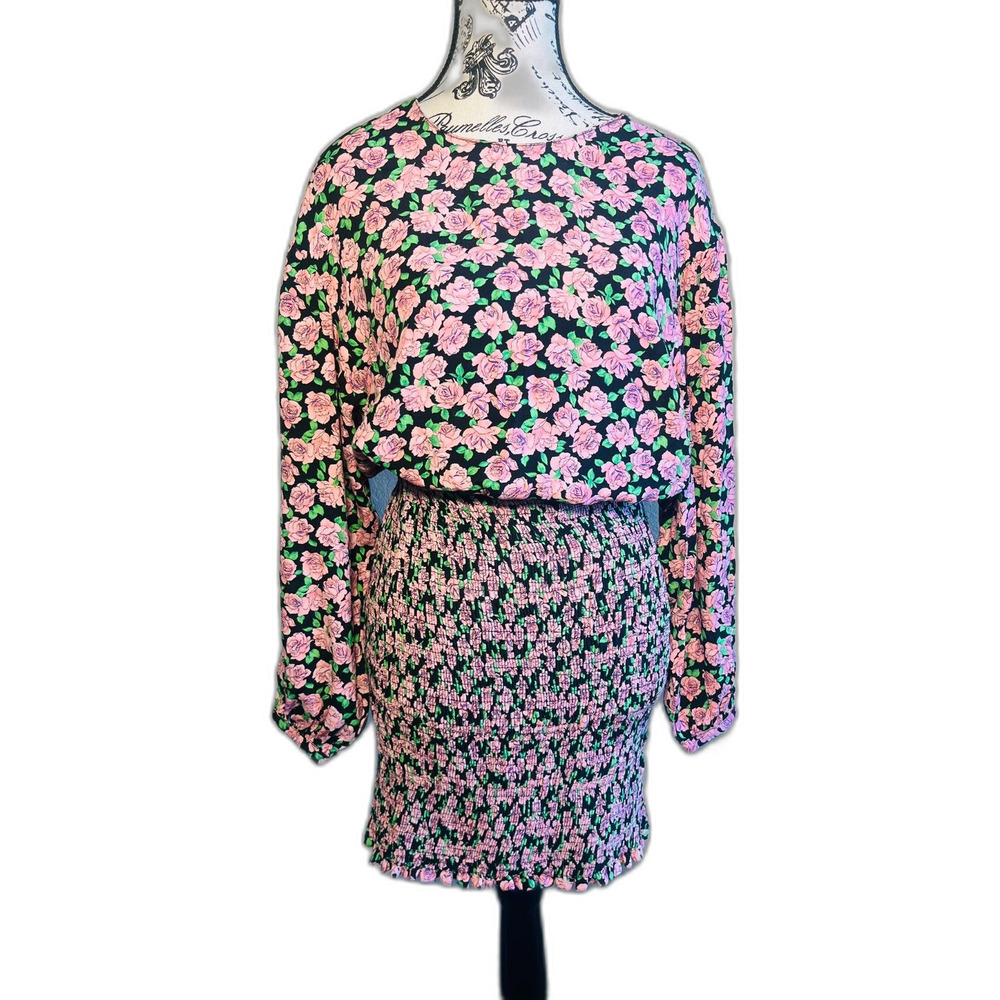 Zara Floral Blouson Floral Smocked Bodycon Mini Dress Medium Pink Feminine